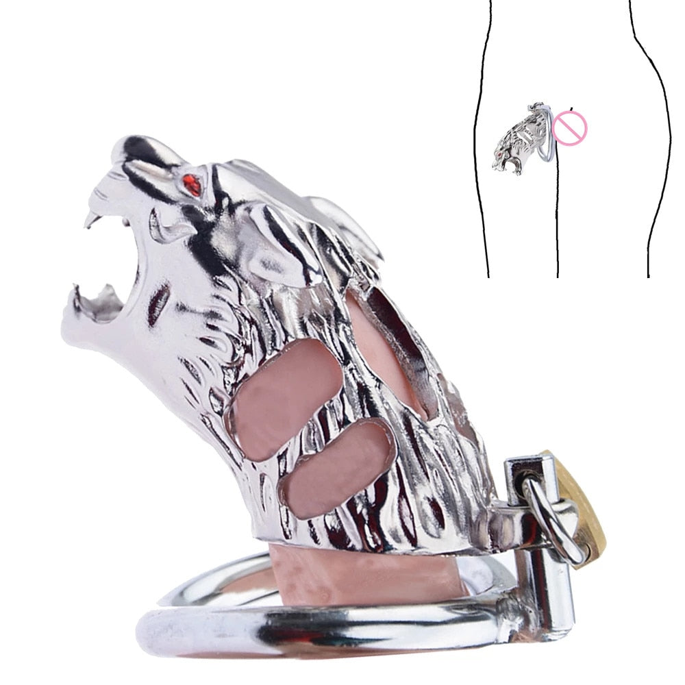 Tiger Shape Metal Chastity Cage 304 Stainless Steel Lion Head Cock Cage