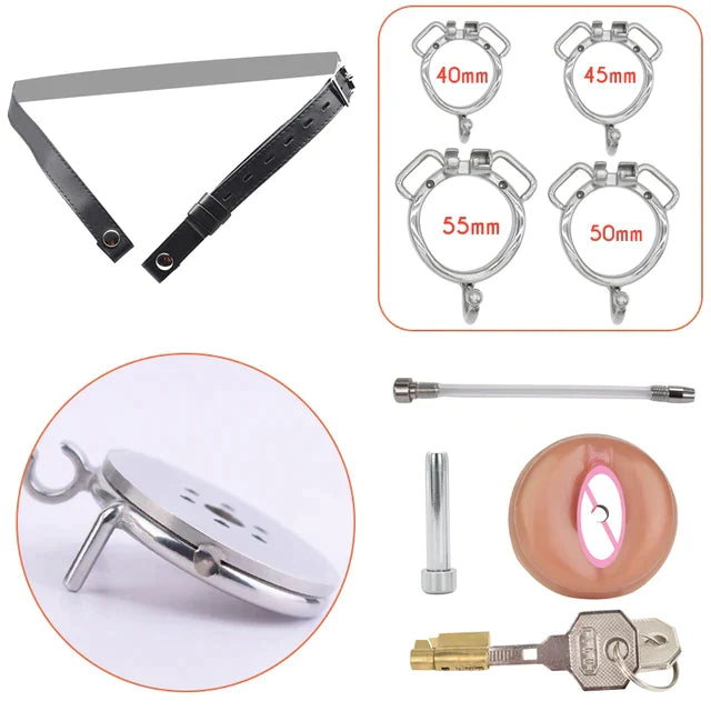 3 in 1 Realistic Clit Chastity Cage with Detachable Silicone/Metal Catheter Metal Flat Chastity Device For Sissy