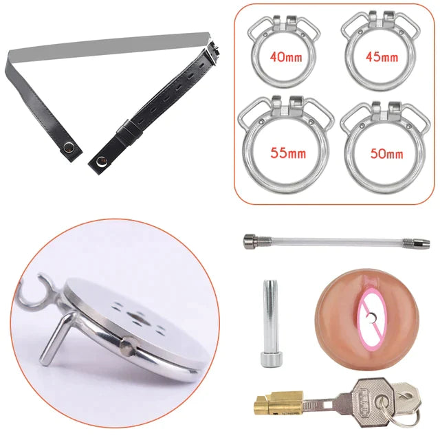 3 in 1 Realistic Clit Chastity Cage with Detachable Silicone/Metal Catheter Metal Flat Chastity Device For Sissy