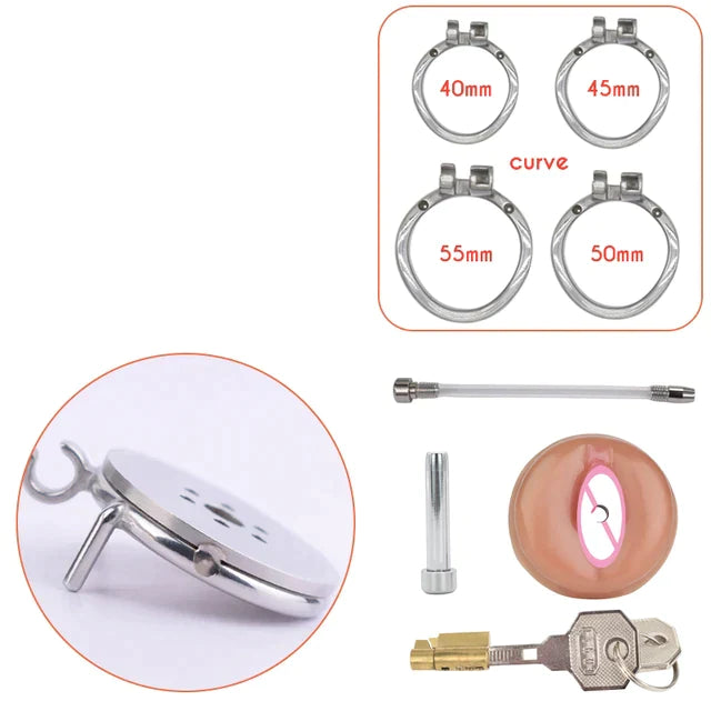 3 in 1 Realistic Clit Chastity Cage with Detachable Silicone/Metal Catheter Metal Flat Chastity Device For Sissy