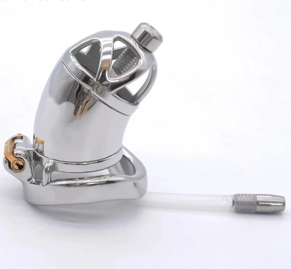 Stainless Steel Metal Chastity Cage with Soft Urethral Catheter Permanent Cock Cage For Men