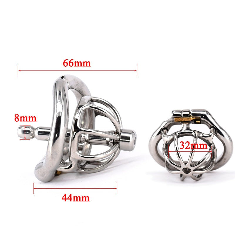 Small Metal Chastity Cage with Spiked Ring and Stainless Steel Urethral Catheter Tube