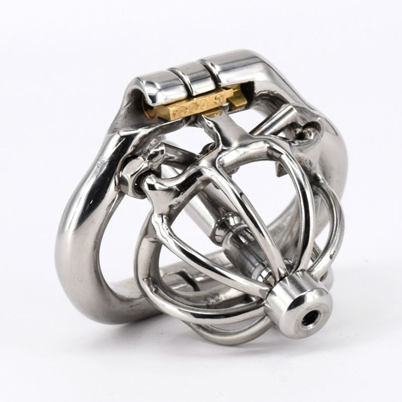 Small Metal Chastity Cage with Spiked Ring and Stainless Steel Urethral Catheter Tube