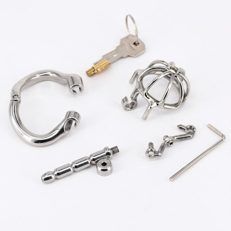 Small Metal Chastity Cage with Spiked Ring and Stainless Steel Urethral Catheter Tube