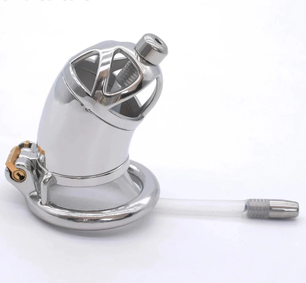 Stainless Steel Metal Chastity Cage with Soft Urethral Catheter Permanent Cock Cage For Men