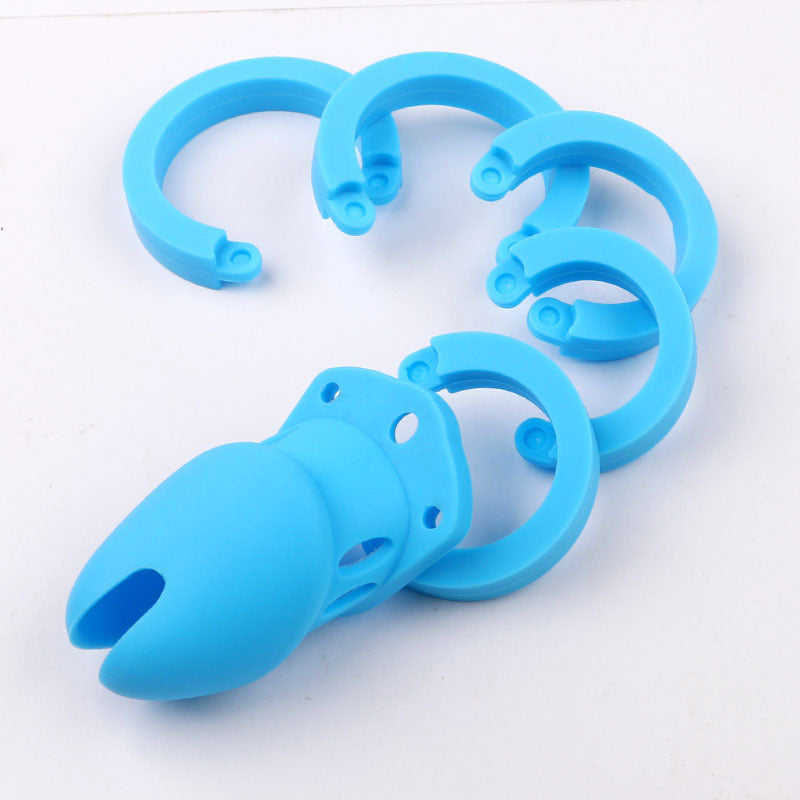 Long/Short Soft Pink Silicone Chastity Cage with 5 Penis Rings Prevent Escaping - Multicolors