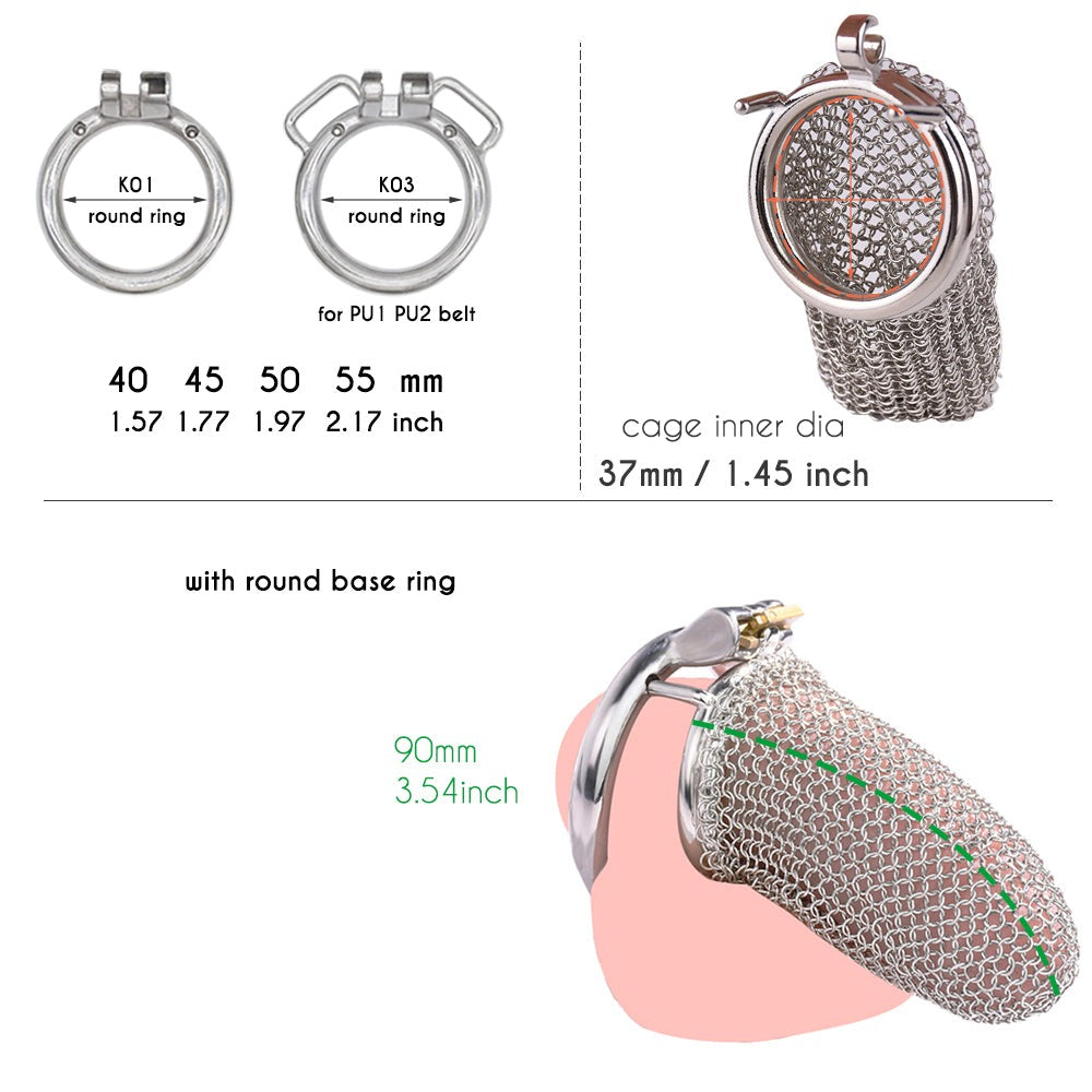 Soft Fishnet Metal Chastity Cage Comfortable Mesh Penis Sleeve Cock Cage For Men Permanent Chastity- 90mm