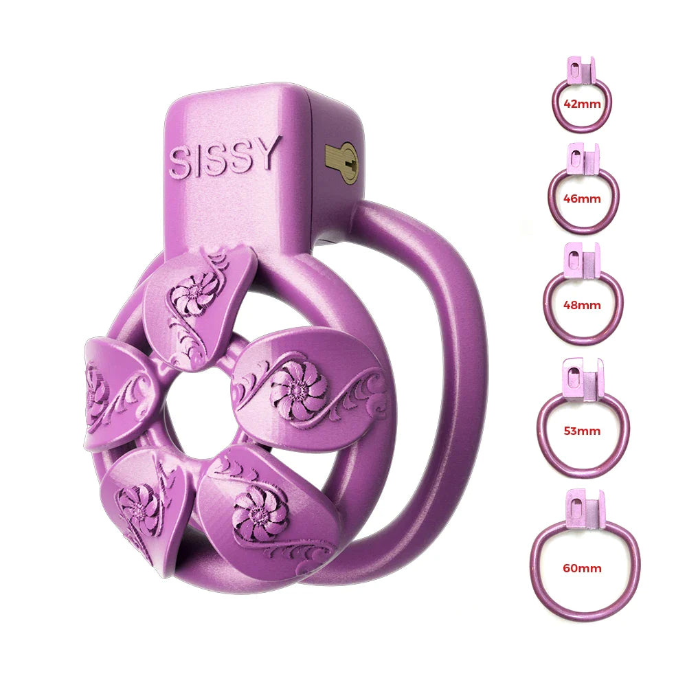 3D Printed Tiny Purple Flower Chastity Cage For Sissy Cute Flat Micro Cock Cage For Ladyboy Femboy Gay