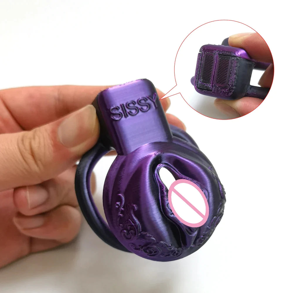 Purple Laser Clit Chastity Cage For Sissy 3D Printed Resin Pussy Vagina Shape Cock Cage For Femboy Ladyboy