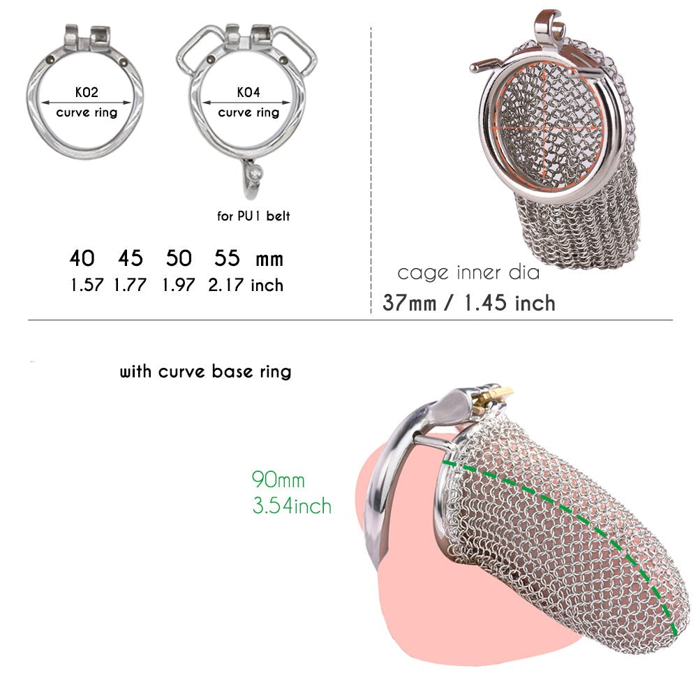 Soft Fishnet Metal Chastity Cage Comfortable Mesh Penis Sleeve Cock Cage For Men Permanent Chastity- 90mm