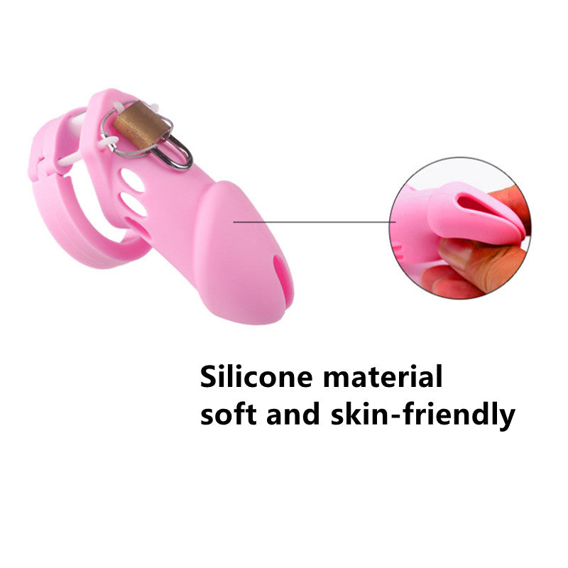 Long/Short Soft Pink Silicone Chastity Cage with 5 Penis Rings Prevent Escaping - Multicolors