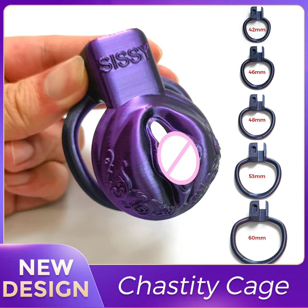 Purple Laser Clit Chastity Cage For Sissy 3D Printed Resin Pussy Vagina Shape Cock Cage For Femboy Ladyboy