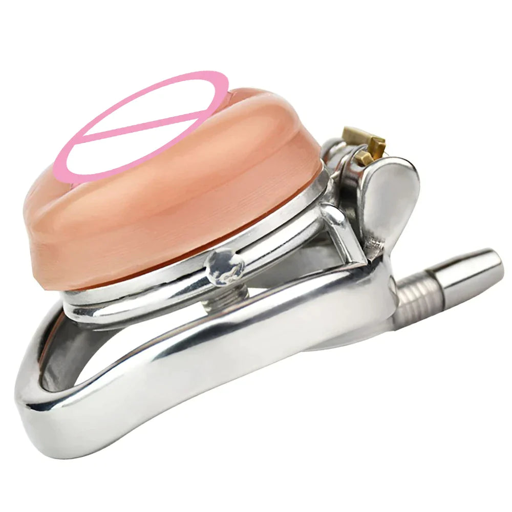 3 in 1 Realistic Clit Chastity Cage with Detachable Silicone/Metal Catheter Metal Flat Chastity Device For Sissy