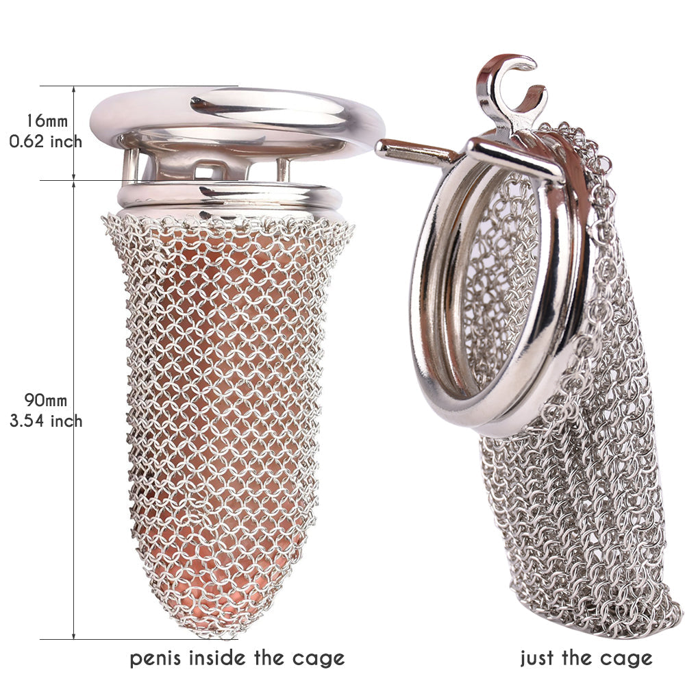 Soft Fishnet Metal Chastity Cage Comfortable Mesh Penis Sleeve Cock Cage For Men Permanent Chastity- 90mm