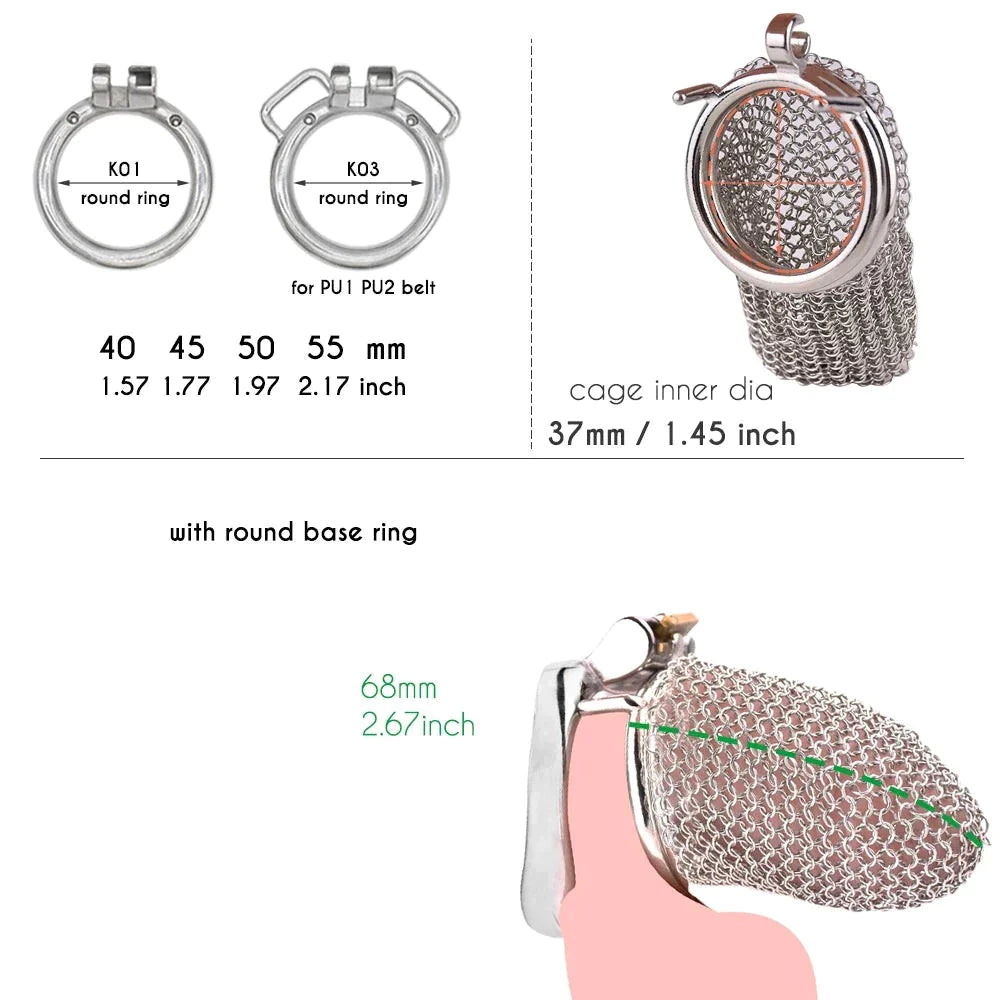 Soft Metal Fishnet Chastity Cage Stainless Steel Mesh Gauze Cock Cage For Male Long-term Permanent Chastity Training - 68mm