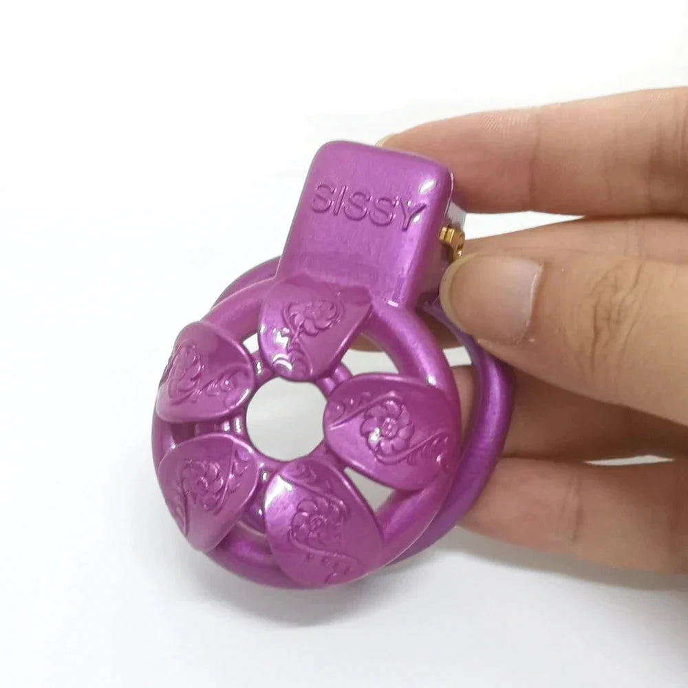 3D Printed Tiny Purple Flower Chastity Cage For Sissy Cute Flat Micro Cock Cage For Ladyboy Femboy Gay