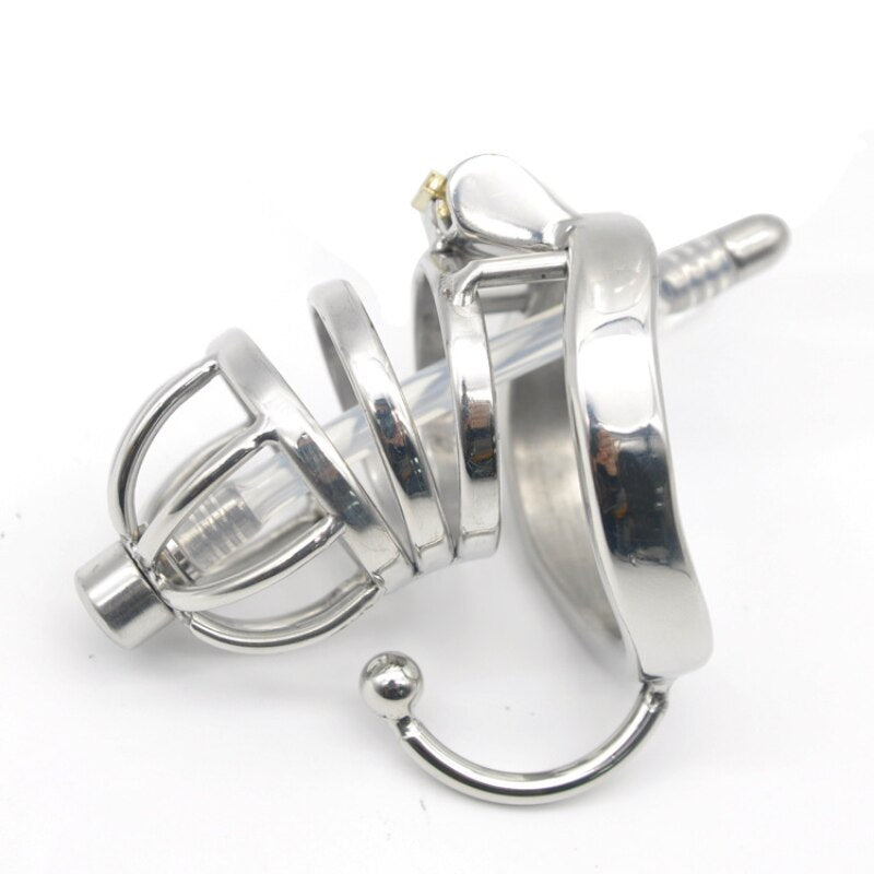 Hollowed Metal Chastity Cage with Soft Silicone Catheter Tube and Scrotum Separator 