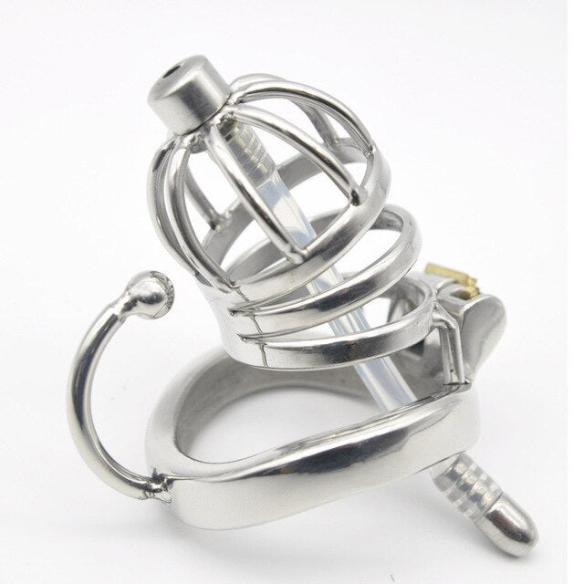 Hollowed Metal Chastity Cage with Soft Silicone Catheter Tube and Scrotum Separator 