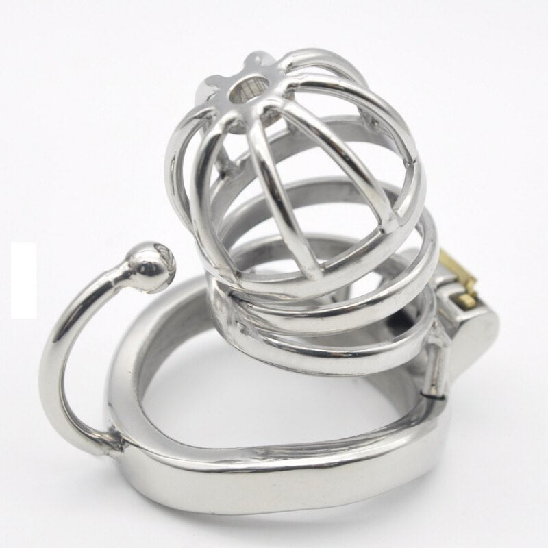 Hollowed Metal Chastity Cage with Soft Silicone Catheter Tube and Scrotum Separator 