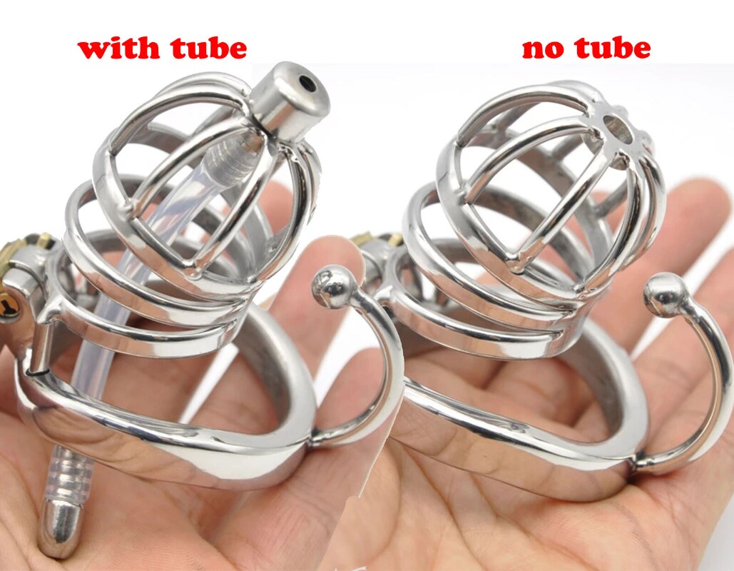 Hollowed Metal Chastity Cage with Soft Silicone Catheter Tube and Scrotum Separator 