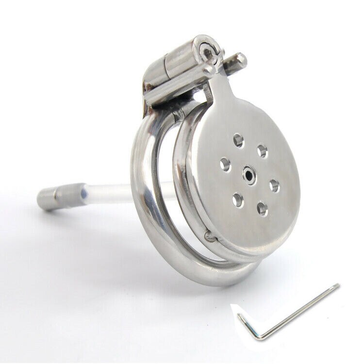 Small Flat Chastity Cage with Removable Soft Urethral Catheter and Anti-Escape Spiked Ring