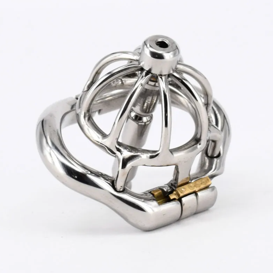 Small Metal Chastity Cage with Spiked Ring and Stainless Steel Urethral Catheter Tube