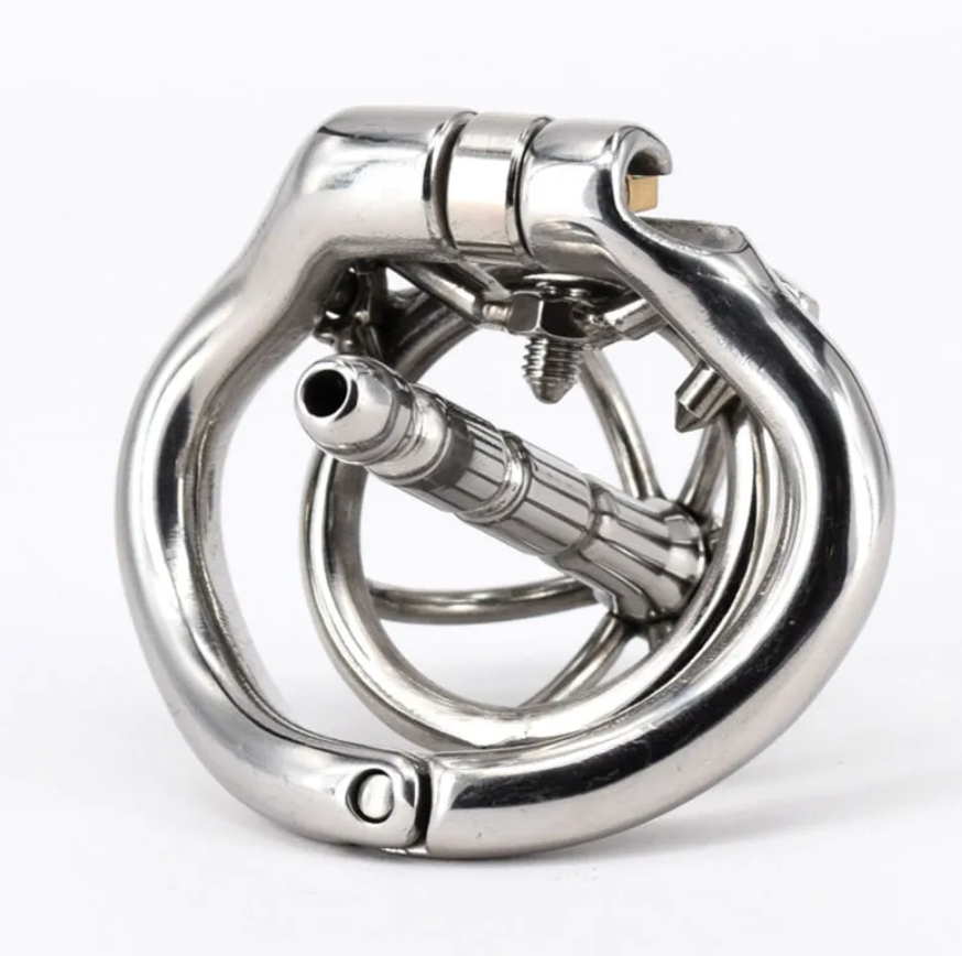 Small Metal Chastity Cage with Spiked Ring and Stainless Steel Urethral Catheter Tube