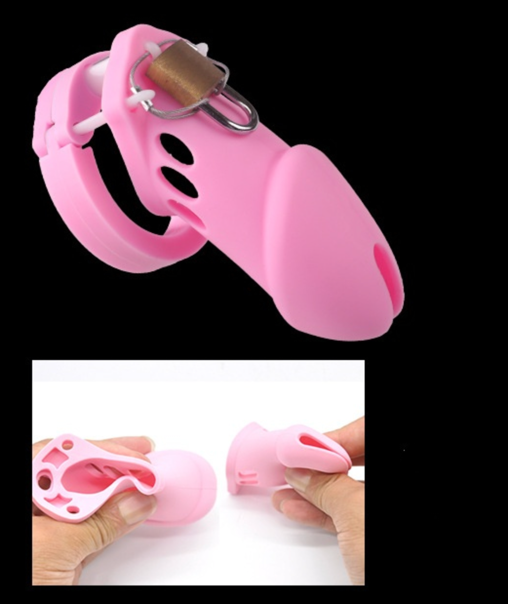 Long/Short Soft Pink Silicone Chastity Cage with 5 Penis Rings Prevent Escaping - Multicolors