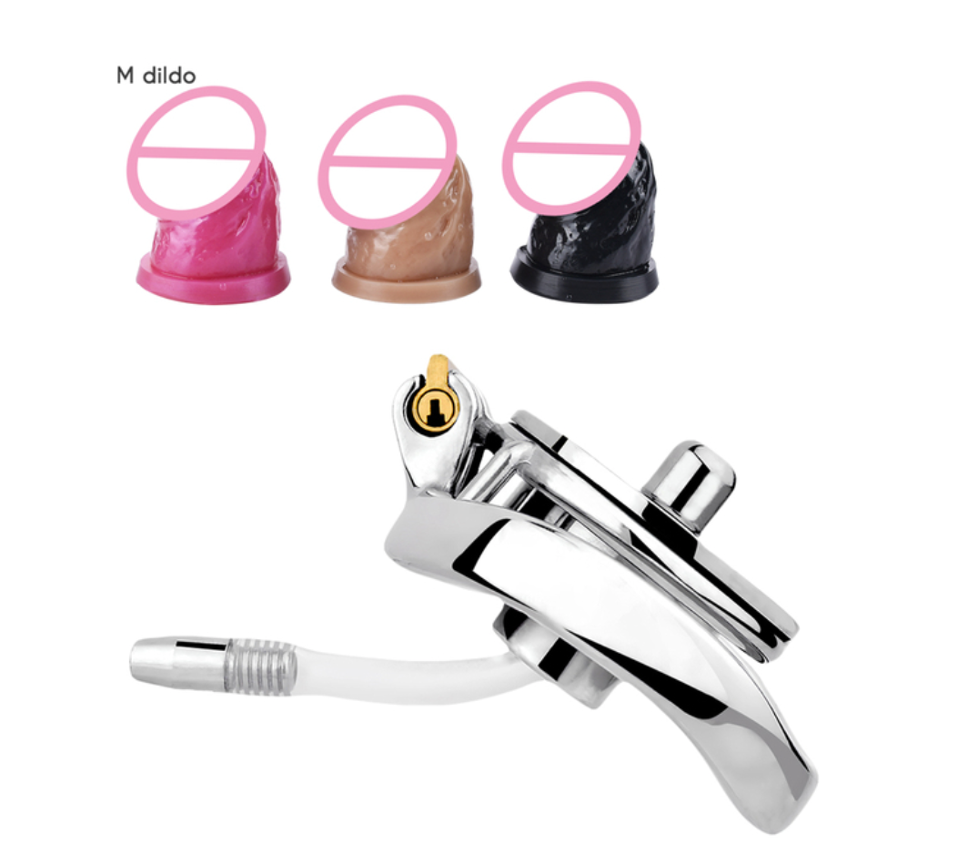 Small Inverted Chastity Cage with Dildo and Silicone Urethral Tube Micro Negative Cock Cage with Realistic Dick