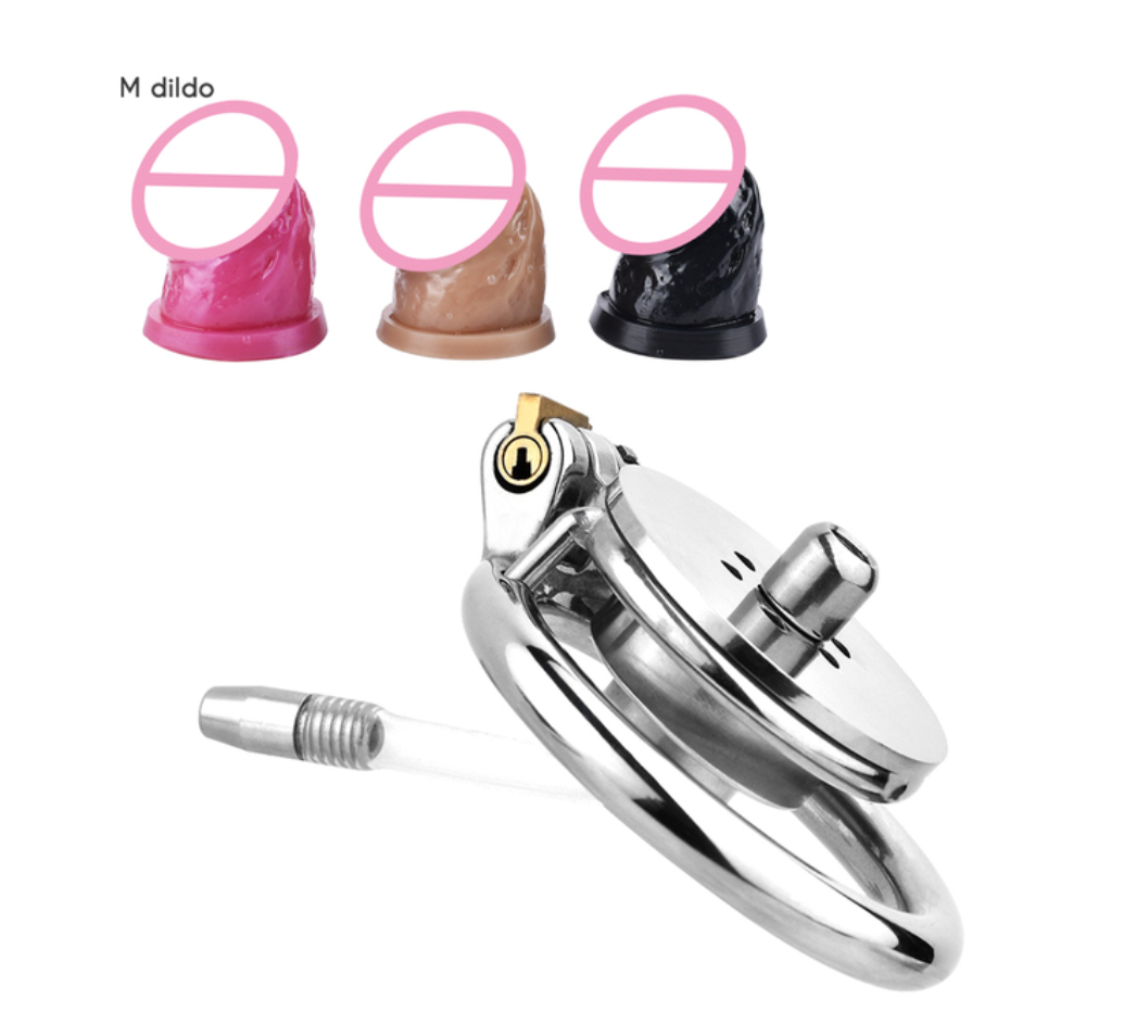 Small Inverted Chastity Cage with Dildo and Silicone Urethral Tube Micro Negative Cock Cage with Realistic Dick