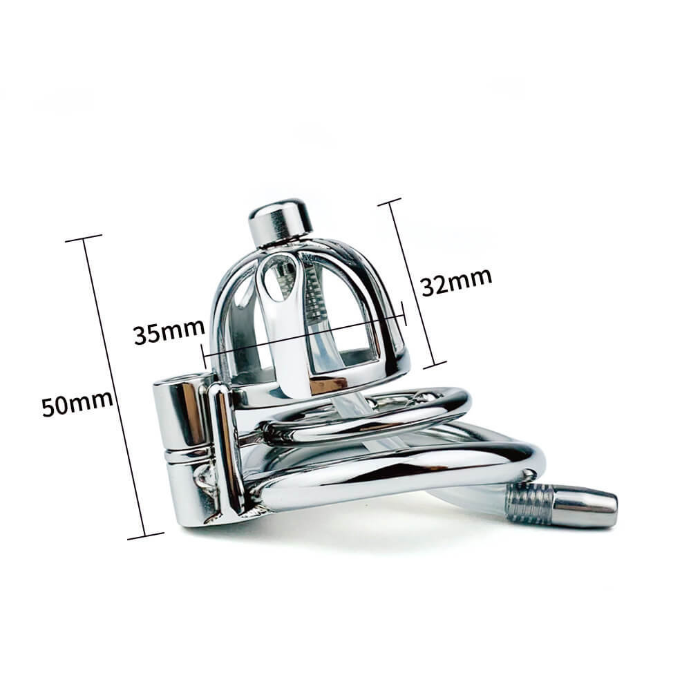 Stainless Steel Chastity Cage With Silicone/Metal Urethral Catheter Small Metal Cock Cage