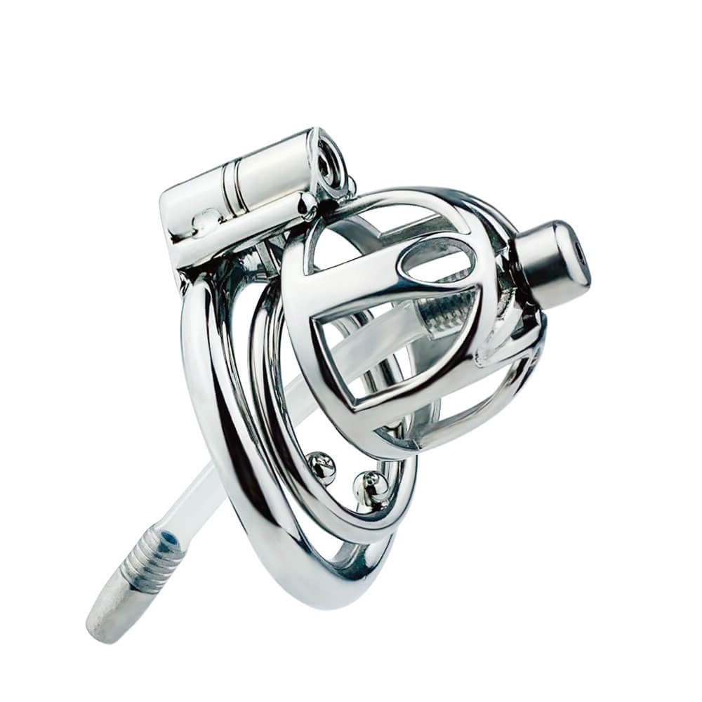 Stainless Steel Chastity Cage With Silicone/Metal Urethral Catheter Small Metal Cock Cage