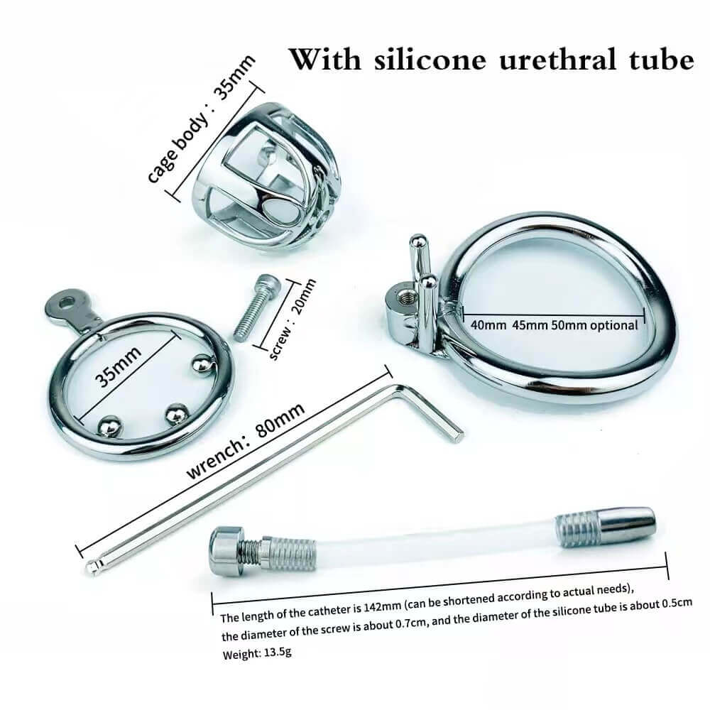 Stainless Steel Chastity Cage With Silicone/Metal Urethral Catheter Small Metal Cock Cage